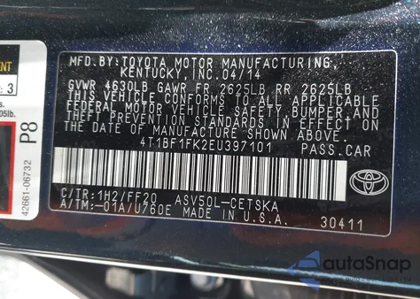 2014 Toyota Camry Se Sport z USA, uszkodzony, nr VIN 4T1BF1FK2EU397101